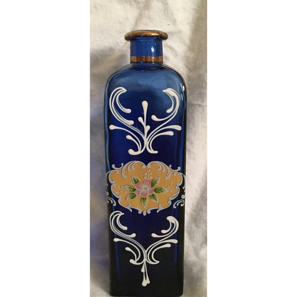Vintage Bohemian HandPainted Blue/Gold Bottle No Topper